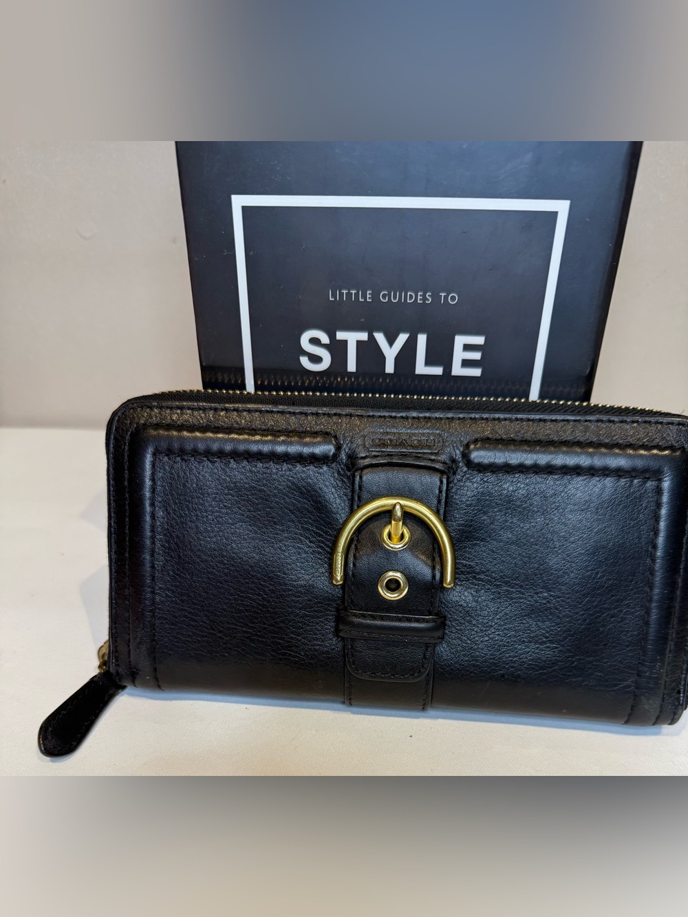 Vintage Coach Campbell Black Leather Zip Wallet with brass hardware EUC